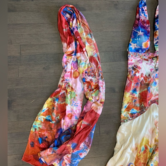 Jovani 100% Silk Multicolour Prom Halter Dress w/ Scarf Size 2 - Picture 8 of 16